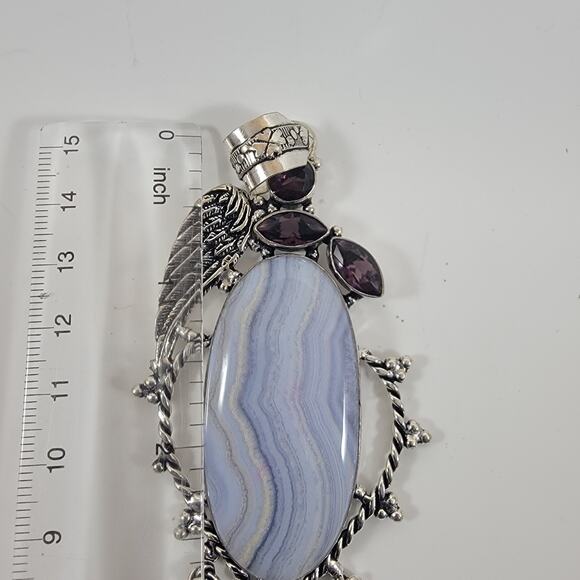 Handmade Silver Pendant with Blue Lace Agate and Amethyst - Picture 2 of 10